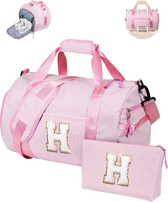 Cool Stuff for Teen Girl, Girls Travel Duffle Bag, Kids Initial Overnight Bags with Shoe Compartment, Personalized Weekender Bag with Makeup Pouch, Stocking Stuffers for Grandkids (Letter H)
