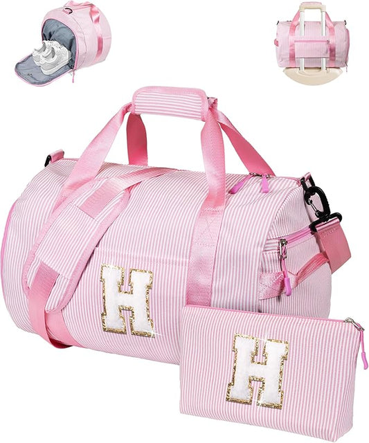 Cool Stuff for Teen Girl, Girls Travel Duffle Bag, Kids Initial Overnight Bags with Shoe Compartment, Personalized Weekender Bag with Makeup Pouch, Stocking Stuffers for Grandkids (Letter H)