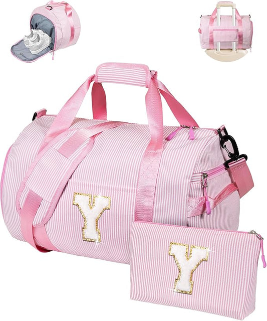 Christmas Gift for Grandkid, Girls Travel Duffle Bag, Kids Initial Overnight Bags with Shoe Compartment, Personalized Weekender Bag with Makeup Pouch, Dance Recital Gifts for Girl (Letter Y)