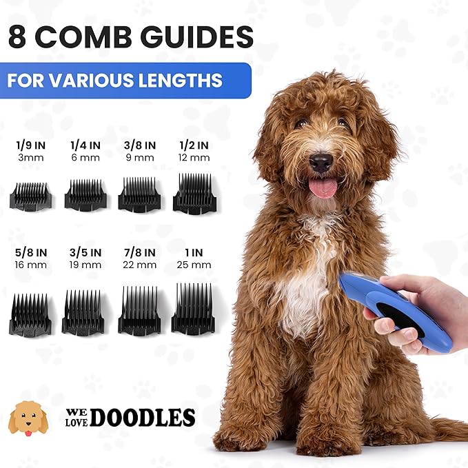 We Love Doodles Dog Clippers for Thick Coats - Powerful and Ultra Quiet Dog Trimmer for Grooming, Cordless Hair Trimmer, 8 Detachable Blades Pet Clippers, Easy to Use Clippers