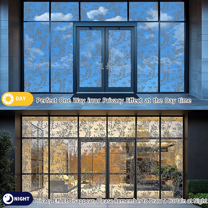 One Way Privacy Film, Window Tint for Home,Daytime Reflective, Anti UV Static Cling Sliding Door Coverings No Glue Garage Solar Paper (Black - Silver-Leaves, 23.6 x 157.4 in)