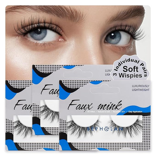 BEPHOLAN False Eyelashes 6-16mm Wispy Eyelashes Natural Look 100% Handmade Fake Lashes Lightweight Short Lashes with Soft Clear Band 3 Pairs Pack(CJ201)