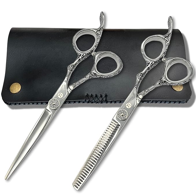 Saki Shears 6 Inch Set of Hair Cutting and Thinning Scissors With Flower Design on Handle and Finger Holes - 440C Stainless Steel - Professional Hair Cutting Set (Silver)