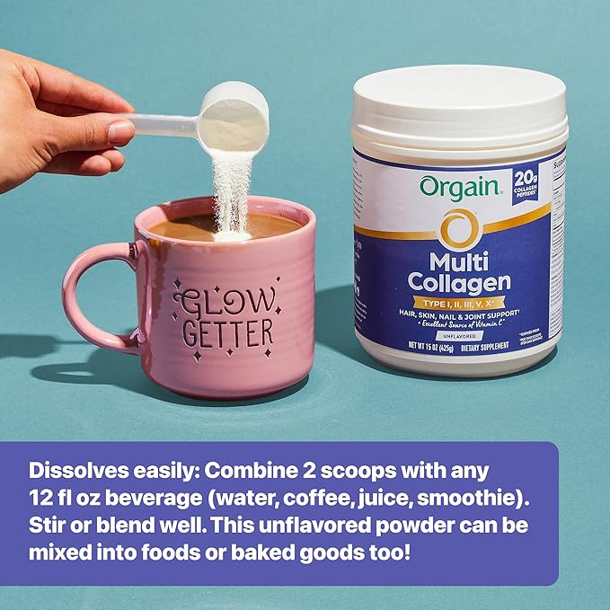 Orgain Hydrolyzed Multi Collagen Powder for Women & Men, 20g Collagen, Supports Hair, Skin, Nail & Joint Health, Type I, II, III, V, X, Vitamin C & Amino Acids, Non-GMO, Unflavored (21 Servings) 15oz