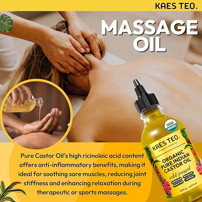 Cold Pressed Organic Castor Oil Hexane Free - 16 Fl Oz - 100% Pure, Natural - Premium Grade Carrier Oil for Hair Growth, Eyelashes and Eyebrows, Skin, Nails, Face & More, Castor Oil Packs