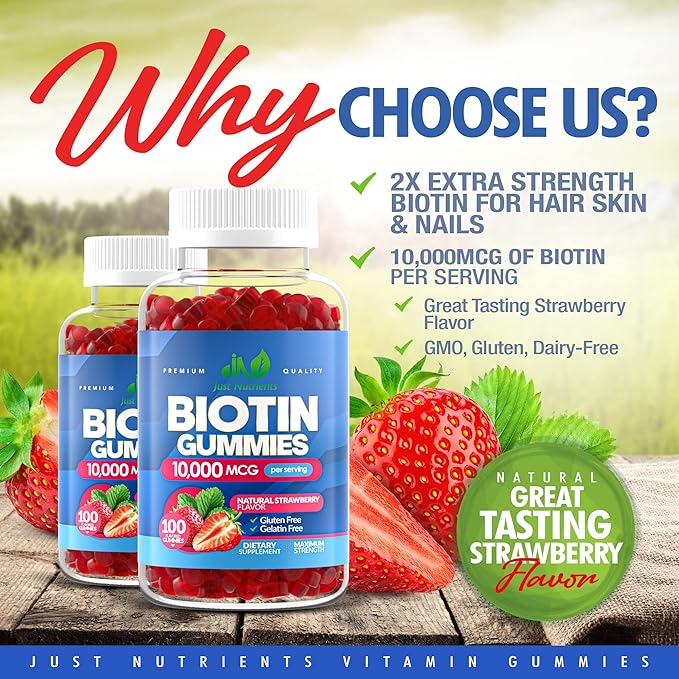 Biotin 10,000mcg Gummies for Women & Men (100 Count) - 2x Maximum Strength Biotin for Hair Growth, Skin & Nails - Gluten-Free, Vegan, Non-GMO, Great Tasting Strawberry Flavor - 100 Gummies
