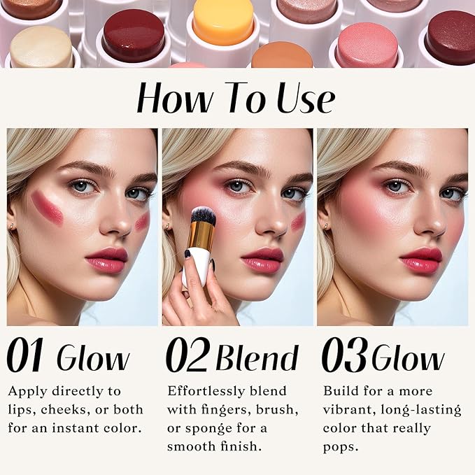 KIMUSE Face Sticks Trio, Cream Blush Stick & Highlighter Stick & Contour Stick for Sculpt the Cheeks, Long Lasting Cream Contour Stick Trio for Face Makeup, with Brush