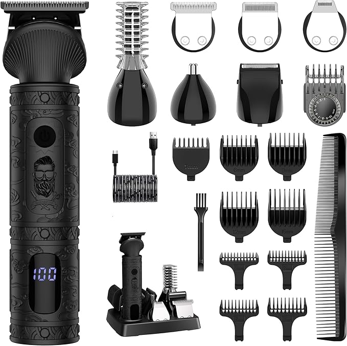 Beard Trimmer for Men Professional Mens Beard Grooming Kit T-Blade Trimmer Electric Shaver Razor Nose Body Trimmer Hair Cutting Kit Cordless 7 in 1 Black
