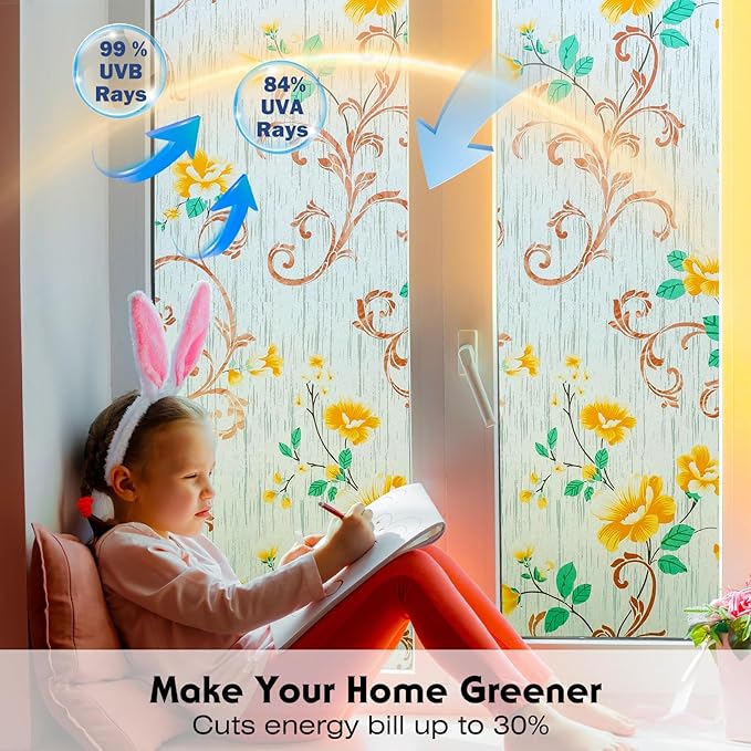 Volcanics Stained Glass Window Film, Frosted Glass Window Privacy Film, Decorative Window Clings for Glass Windows, Floral Design Static Cling Sun Blocking Windows Tint for Bathroom, 35.4 x 78.7 Inch