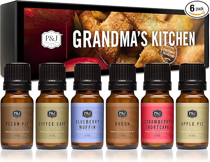 P&J Trading Fragrance Oil Grandma's Kitchen Set | Apple Pie, Pecan Pie, Blueberry Muffin, Bacon, Strawberry Shortcake, Coffee Cake Candle Scents for Candle Making, Freshie Scents, Soap Making