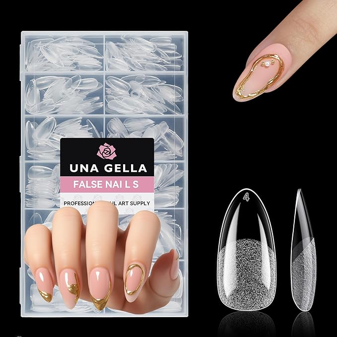 UNA GELLA Medium Almond Nail Tips, 312pcs Almond Gel Nails Tips Shape Pre Etched Full Cover Clear Fake Acrylic Pointed Press On Nails No C Curve for Nail Extension Christmas Art DIY Salon 12 Sizes