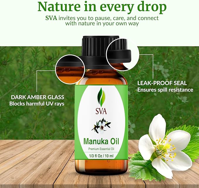 SVA Manuka Essential Oil – 1/3 Fl Oz – 100% Natural Manuka Oil - for Diffuser, Hair Care, Face, Skin Care, Aromatherapy, Scalp and Body Massage, Soap and Candle Making