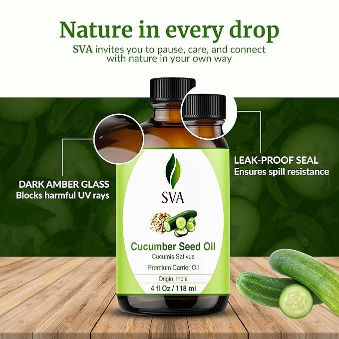 SVA Cucumber Seed Oil - 4 Fl Oz – 100% Natural Cold Pressed Cucumber Oil - for Face, Skin Care, Hair Care, Scalp Massage & Body Massage – Carrier Oil with Dropper
