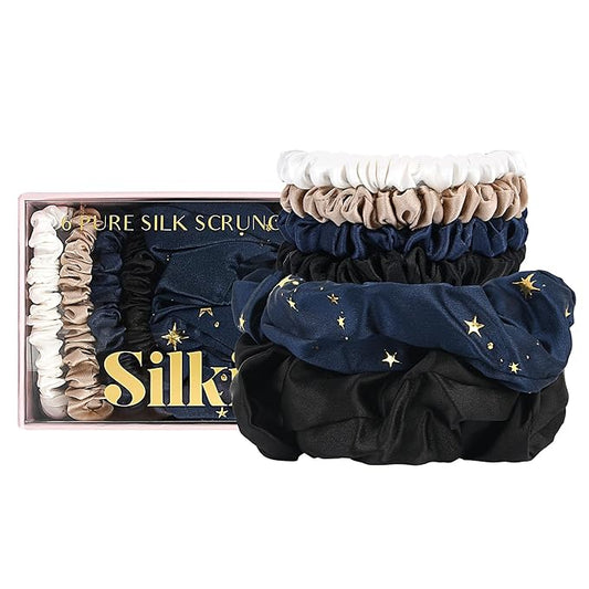 SILKIE x6 Set 100% Pure Mulberry Silk Christmas Dark Neutral Skinny Scrunchies Travel Pouch Everyday Hair Ties Elastics Hair Care Ponytail Holder No Damage (Celestial)