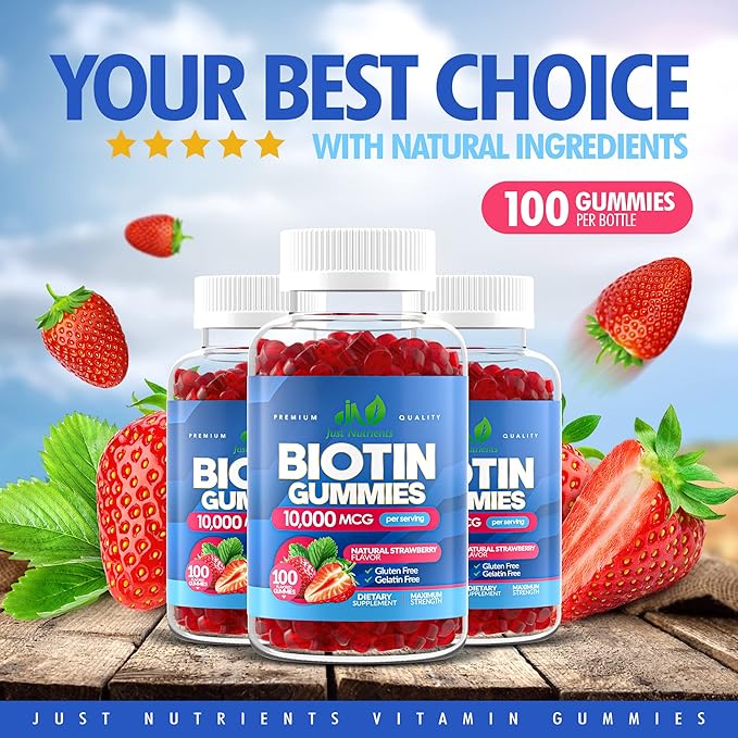 Biotin 10,000mcg Gummies for Women & Men (100 Count) - 2x Maximum Strength Biotin for Hair Growth, Skin & Nails - Gluten-Free, Vegan, Non-GMO, Great Tasting Strawberry Flavor - 100 Gummies