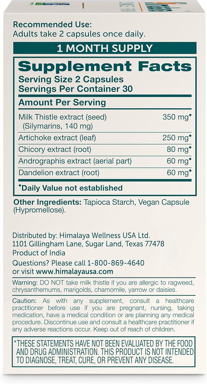 Himalaya Milk Thistle Liver Support - with Chicory, Andrographis, Dandelion, and Silymarin for Liver Cleanse, Detox and Function - Vegan, Non-GMO, Gluten Free, 350 mg, 60 Capsules