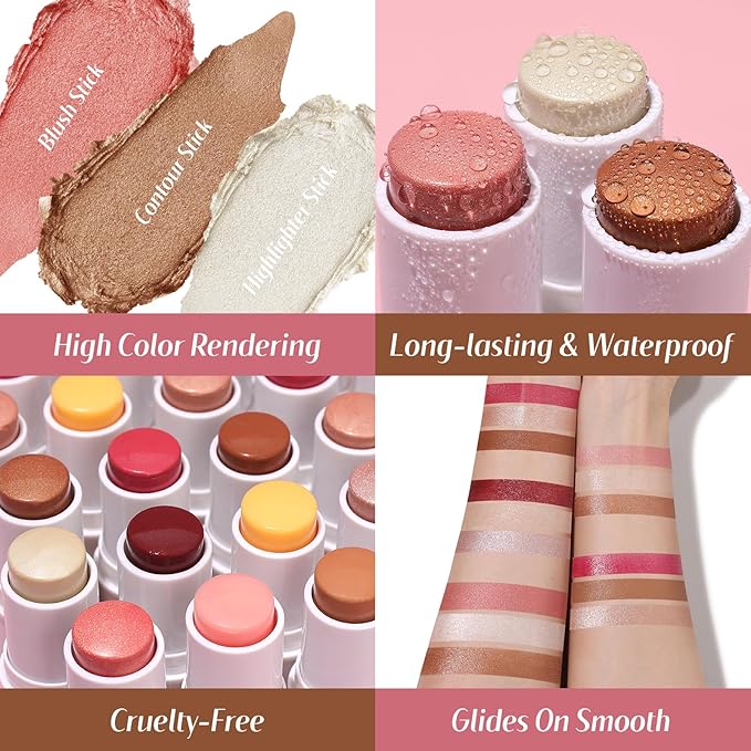 KIMUSE Face Sticks Trio, Cream Blush Stick & Highlighter Stick & Contour Stick for Sculpt the Cheeks, Long Lasting Cream Contour Stick Trio for Face Makeup, with Brush