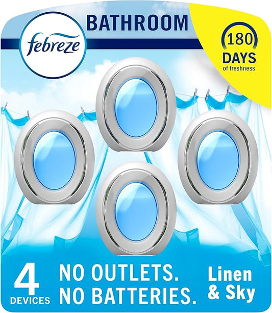 Febreze Bathroom Air Freshener, Odor-Fighting, Plug In Alternative, Air Fresheners for Home and Bathroom and Kitchen, Closet Air Fresheners, Linen & Sky Scent, 4 Count