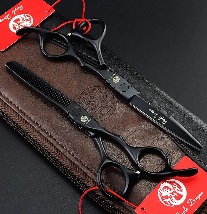 Purple Dragon Professional Japan 440C Hair Salon Cutting Shear and Barber Thinning Scissor Hairdressing Shear Set with Bag (Black, 6 Inch)