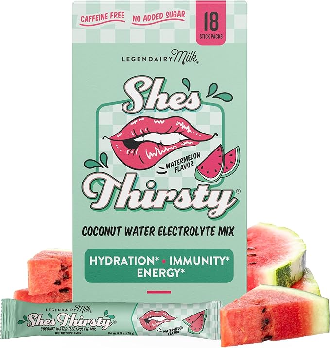 Legendairy Milk She’s Thirsty – Watermelon, Hydration Packets | Cortisol Supplement for Stress Relief & Adrenal Support | Coconut Water Electrolytes Powder, No Sugar Added 18 ct