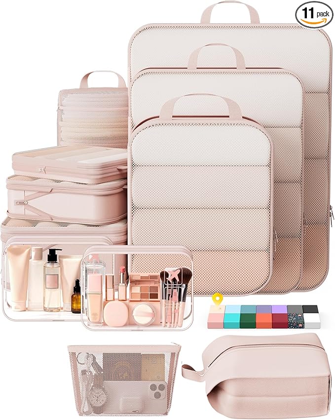 Veken 11 Set Compression Packing Cubes for Travel Essentials,Compressible Expandable Large Luggage Suitcase Organizer Bags for Clothing,Durable Space Saver Storage Bags with Toiletry Bags(Beige)