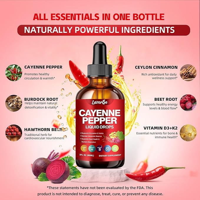 Cayenne Pepper Liquid Drops - Potent Blend with Hawthorn Berry, Turmeric Curcumin, Vitamin D3 K2, Beet Root & Panax Ginseng - Vegan, Non-GMO, High Absorbed Gentle Formula - 2 OZ