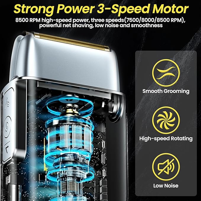 Electric Foil Shavers for Men, 3 Speed Electric Razor for Men, High Speed Dual Floating Blades, IPX7 Waterproof Wet & Dry, LED Display, USB Type C Charging, Foil Razor for Face/Beard/Head (Silver)