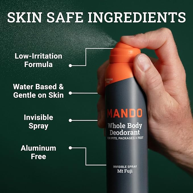 Mando Whole Body Deodorant For Men - Invisible Spray Deodorant - 72 Hour Odor Control - Low Irritation Formula - Aluminum Free, Benzene Free - 3.6 ounce Cans (Pack of 2) - Mt Fuji