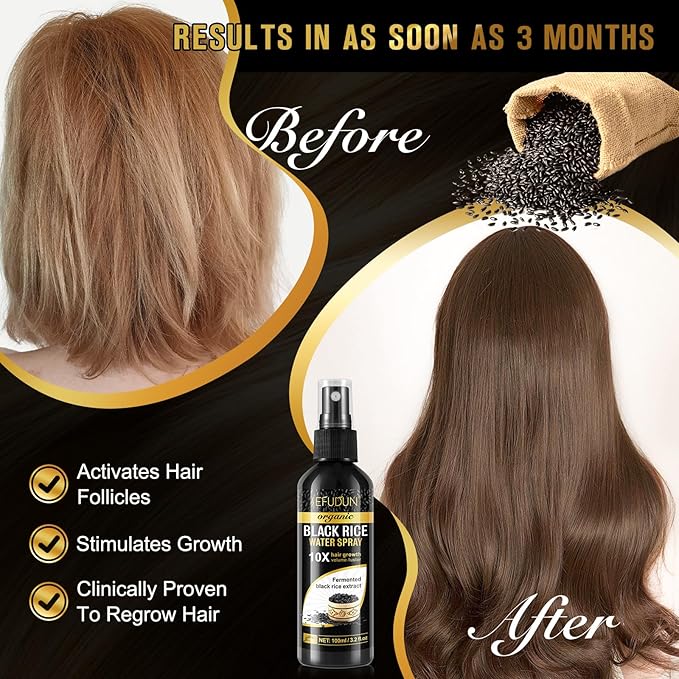 Organic Black Rice Water Spray for Hair Growth, A Solution with Castor Oil & Ginger Root Extract for Thicker, Fuller Hair, Targets Hair Loss and Repairs Damage 200ml/6.4 fl.oz (2 PC)