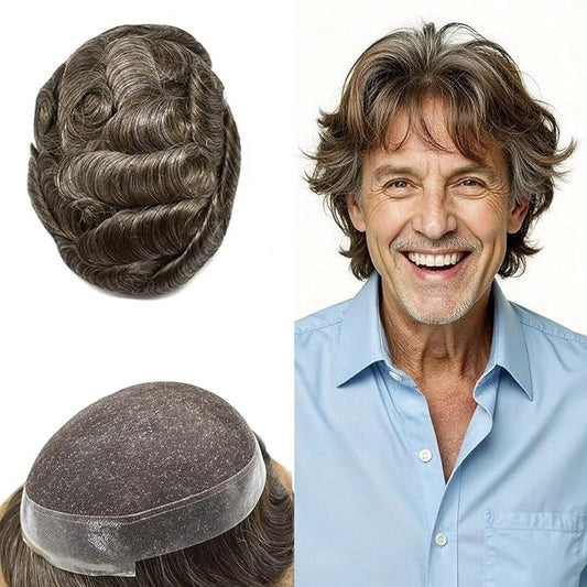 FACE MIRACLE Lace Front Mens Toupee Human Hair System Swiss Lace Center Toupee for Men Thin Skin PU Around Hair Replacement System V-Looped Mens Hair Wig Units 7"X9" #430 Medium Brown with 30% Gray