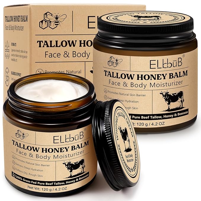 ELBBUB Whipped Tallow Cream for Face & Body - 100% Grass-Fed Beef Tallow, Natural Honey & Beeswax Moisturizer, Deep Hydration & Nourishment, Oil-Free & Unscented, Fast Absorbing