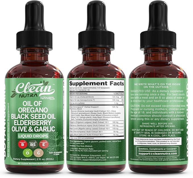 Clean Nutra Oil of Oregano Drops Black Seed Oil Elderberry Vitamin D D3 K2 Olive Garlic Immune Support Supplement Wellness Formula Zinc Supplements Liquid 2 Fl Oz BotaniGuard Vegan, Non-GMO