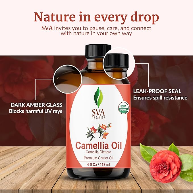 SVA Camellia Seed Oil Organic - 4 Fl Oz – 100% Natural Cold Pressed Organic Camellia Oil - for Face, Skin Care, Hair Care, Scalp Massage & Body Massage – Carrier Oil with Dropper