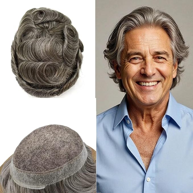 FACE MIRACLE Mens Toupee Lace Front Hairpieces Soft Human Hair Replacement System Natural Hairline Toupee for Men French Lace Poly V-Looped Mens hair Units 6"X8" #450 Medium Brown with 50% Gray