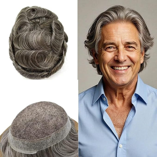 FACE MIRACLE Mens Toupee Lace Front Hairpieces Soft Human Hair Replacement System Natural Hairline Toupee for Men French Lace Poly V-Looped Mens hair Units 6"X8" #450 Medium Brown with 50% Gray