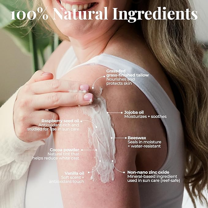 Amallow - Tallow Sun Balm with Zinc Oxide – Tinted Mineral Sun Balm with Cocoa Powder – Natural, Non-Nano Zinc Oxide, Organic Oils – No White Cast – Handcrafted in the USA – 4 oz