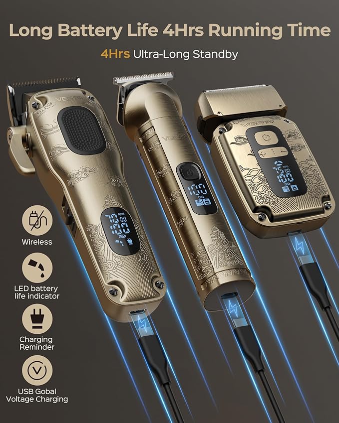 Hair Clippers & Trimmers Set for Men Professional, Waterproof Electric Razor Foil Shaver for Men Face Beard, Cordless for Hair Cutting, 4-Speed Setting, LED Battery Display, Barber or Home Use