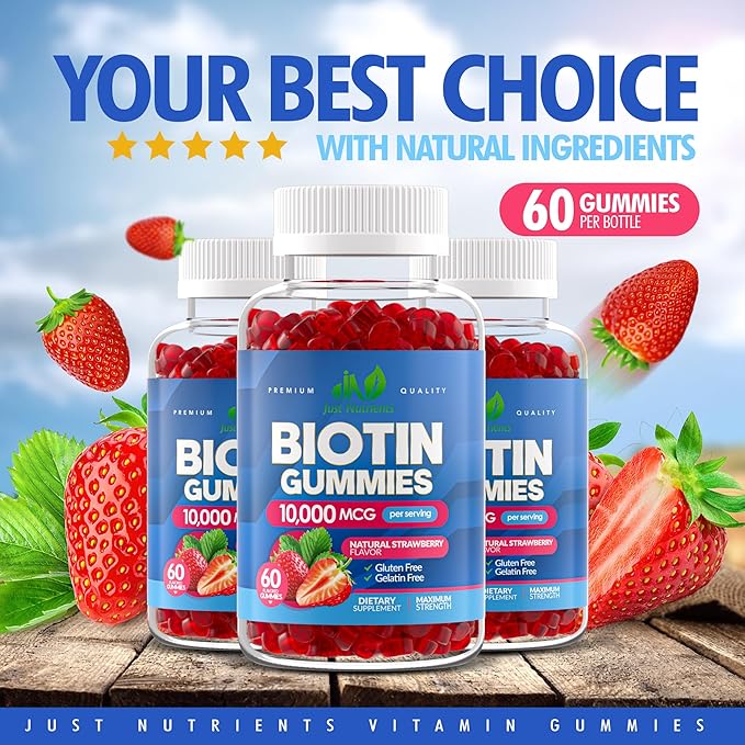 Biotin 10,000mcg Gummies for Women & Men - 2X High Potency Biotin for Hair Growth, Skin & Nails - Gluten-Free, Vegan, Non-GMO, Great Tasting Strawberry Flavor - 60 Gummies