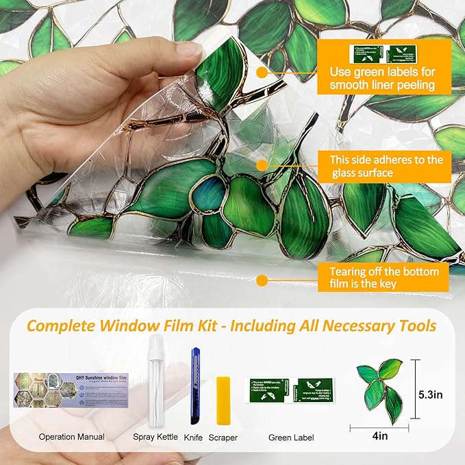 Stained Glass Window Privacy Film Decorative Rainbow Static Clings – Ideal for Home & Office, Adhesive-Free, Removable, UV-Blocking (Green Rainbow, 35.4 X 78.7 in)