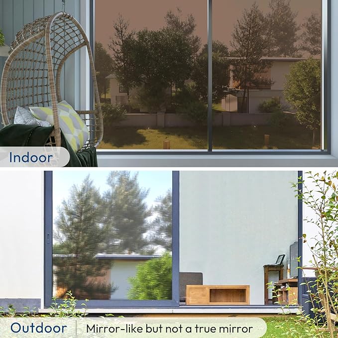 rabbitgoo Window Privacy Film One Way Window Tint for Home, Removable Reflective Heat Sun Blocking Anti UV Glass Door Covering, Mirror Tinting Film House Office, 23.6 in X 6.5 Feet, Brown Silver