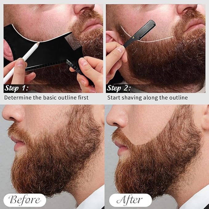 Beard Shaper for Men Beard Shaping Tools - Beard Straightener, Beard Template Guide, Professional Straight Edge Razor, Edge Blade, Barber Pencil, Beard Comb, Scissor, Gifts for Men Boyfriend Husband