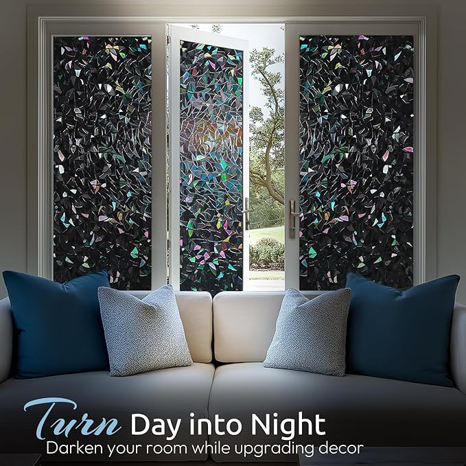 rabbitgoo Window Privacy Film Rainbow Film Decorative Window Sticker, 3D Static Stained Glass Cling Tint for Room Darkening Day Sleep, Black, 29.5 x 118.1 inches