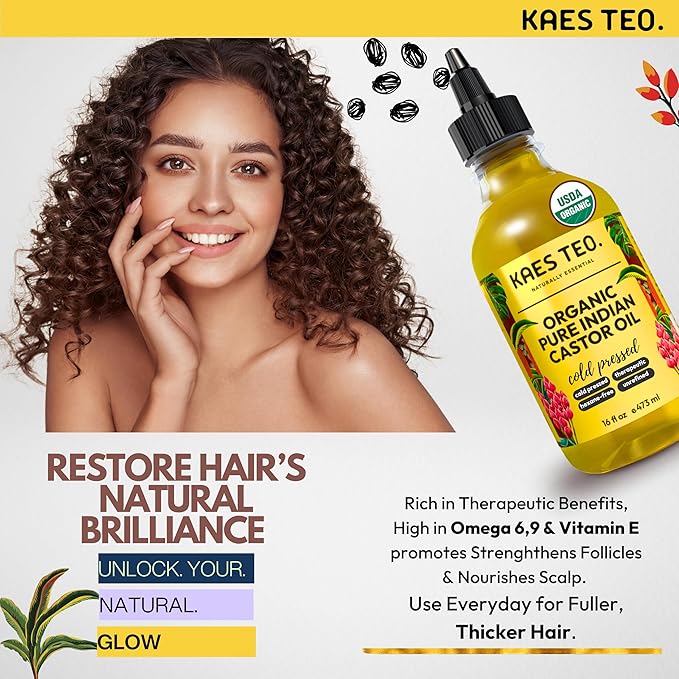 Cold Pressed Organic Castor Oil Hexane Free - 16 Fl Oz - 100% Pure, Natural - Premium Grade Carrier Oil for Hair Growth, Eyelashes and Eyebrows, Skin, Nails, Face & More, Castor Oil Packs