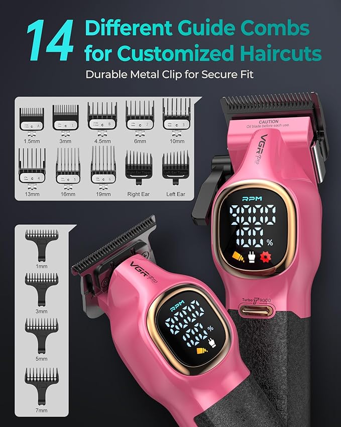 Professional Hair Clippers for Men, Professional Barber Clippers and Trimmer Set, Cordless Hair Clippers for Hair Cutting with Package Case, Powerful 9000 PRM Rechargable Electric (Pink)
