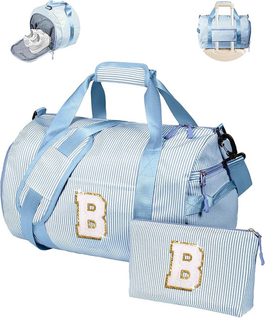Gifts for 6 7 8 9 10 11 12 Year Old Girl,Girls Travel Duffle Bag, Kids Initial Overnight Bags with Shoe Compartment, Customized Weekender Bag with Makeup Pouch, Preppy Stuff (Letter B)