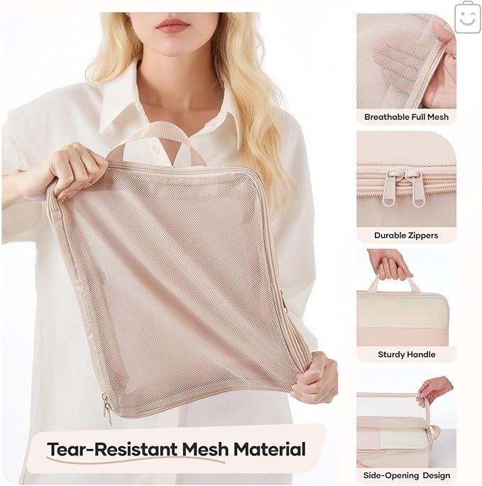 Veken 9/11 Set Compression Packing Cubes for Travel Essentials,Compressible Expandable Large Luggage Suitcase Organizer Bags for Clothing,Durable Space Saver Storage Bags with Toiletry Bags(Beige)