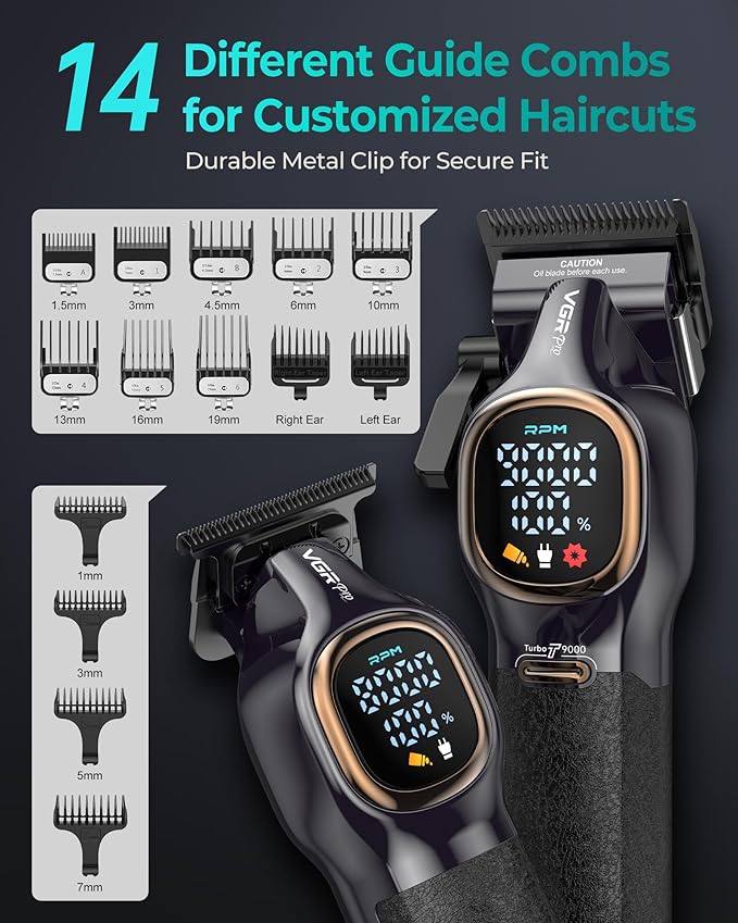 Professional Hair Clippers for Men, Professional Barber Clippers and Trimmer Set, Cordless Hair Clippers for Hair Cutting with Package Case, Powerful 9000 PRM Rechargable Electric (Black)