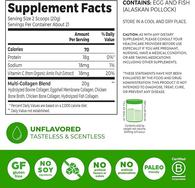 Orgain Hydrolyzed Multi Collagen Powder for Women & Men, 20g Collagen, Supports Hair, Skin, Nail & Joint Health, Type I, II, III, V, X, Vitamin C & Amino Acids, Non-GMO, Unflavored (21 Servings) 15oz