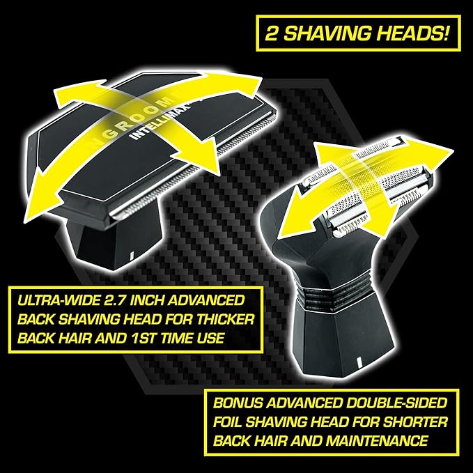 MANGROOMER - INTELLIMAX PRO - New Back Shaver with 2 Shock Absorber Flex Heads, Power Hinge, Extreme Reach Handle and Advanced 2.7" Extra-Wide Blade Design (Version 3.0)