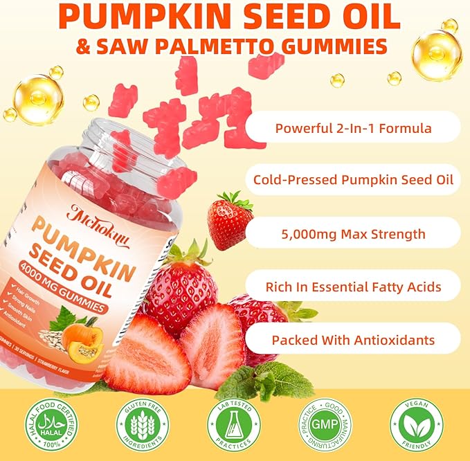 Pumpkin Seed Oil Supplement Gummies 4000mg with Saw Palmetto for Hair Growth & Skin Health, High Pure Extract for Women & Men Extra Strength Pumpkin Seed, Strawberry Flavor, 60 Count